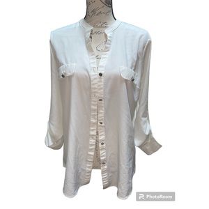 Women’s White button down Blouse, flat collar top, casual work party shirt